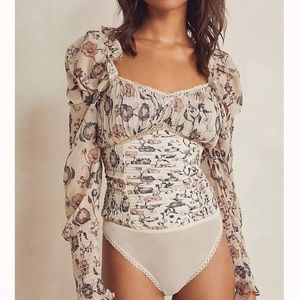 Free People Brunch Date Chiffon Thong Bodysuit